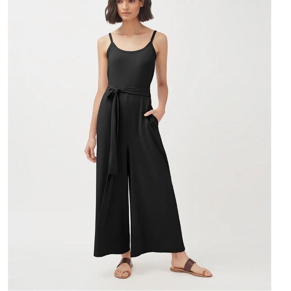 Cuyana Sz XS V-Back Jumpsuit Wide Leg Tie Waist Pima Cotton Black
